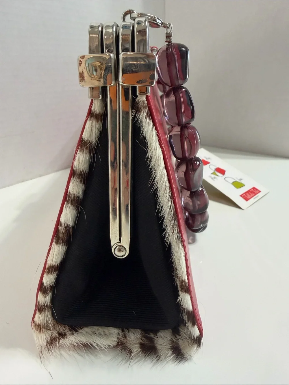 Tallula Tate Red/Zebra Structured Bead-Handle Shoulder Bag